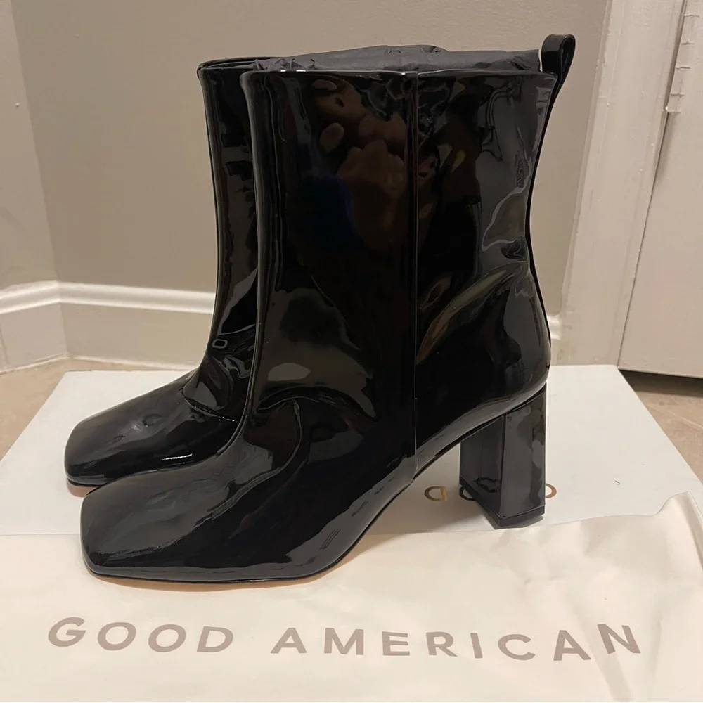 Good American Black Patent Leather Ankle Boots GA165P-X Glossy Square Toe